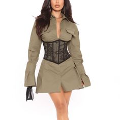 Brand New With Tags Olive Green Corset Not Included Fit And Flare Bodyhidden Button Front Closure Slit Cuff Detail Faux Pocket Detail Dress: 100% Cotton Booked And Busy, Green Corset, Corset Mini Dress, Corset Belt, Spandex Dress, White Dresses For Women, Fashion Nova Dress, Lace Corset, Womens Loungewear