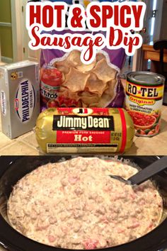 the ingredients for an easy sausage dip are shown in this collage with text overlay