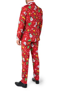 This red Christmas suit has a print with all festive things that are Christmas-related; from snowmen to trees and from candy canes to presents. It even has little lights in it that can be switched on-and-off, creating an ultimate festive and striking look. The slim fit outfit consists of a jacket, pants and a tie. The pants have an elastic waistband for a comfortable fit. Includes matching jacket, pants and tie 33 1/2" inseam; 15 1/2" leg opening Jacket has two-button closure; notched lapels; fo Christmas Suit, Suit Tie, Christmas Icons, Fitted Suit, Candy Canes, Suit And Tie, Christmas Cheer, Red Christmas, Nordstrom Rack