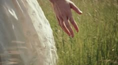 a person's hand reaching out from the back of a dress in tall grass