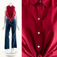 "- Vintage Minimal Button Up Linen Top - 90s Linen Sleeveless Top - Sleeveless Red Button Up - White Front Button Closure Fits like: XS-S Material: Linen, Cotton Condition: Excellent Clipped on Mannequin: No ✂ SIZE + FIT ✂ Length: 27.5\" / 70 cm Shoulders, Seam to Seam: 12\" / 30 cm Bust: 36\" / 91 cm Waist: 36\" / 91 cm All measurements are taken with garment lying flat. ALWAYS refer to measurements as vintage sizes run can vary greatly from todays modern sizes. We recommend comparing measureme Dark Red Top, High Neck Sleeveless Top, Red Sleeveless Top, Linen Sleeveless Top, Dress Form Mannequin, Sleeveless Tunic Tops, Style Tank Top, Rainbow Sweater, Red Blouse