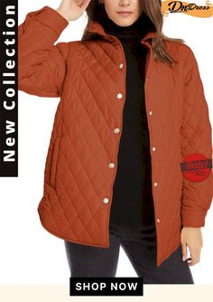 Women's Warm Lightweight Stand-collar Quilted Puffer Jacket Fall Outerwear With Padded Collar And Button-up Shape, Fall Button-up Outerwear With Padded Collar, Fall Long Sleeve Quilted Jacket, Casual Solid Quilted Jacket For Fall, Trendy Fall Quilted Jacket, Quilted Button-up Outerwear For Fall, Quilted Button-up Fall Outerwear, Trendy Quilted Jacket With Padded Collar For Fall, Fall Quilted Button-up Outerwear