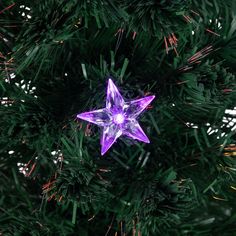 a purple star ornament hanging from the top of a green christmas tree branch