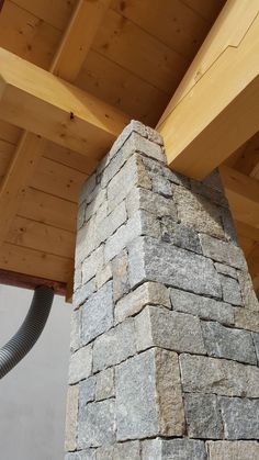 a brick chimney under a wooden roof