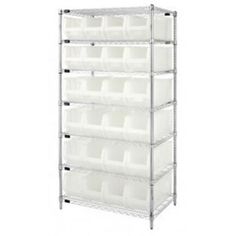 chrome wire shelving unit with white bins