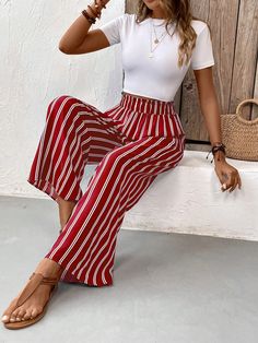 Red Casual Collar  Fabric Striped Wide Leg Embellished Non-Stretch  Women Clothing Outfit Pantalon Rojo, Outfits Juvenil, Striped Wide Leg Trousers, Striped Wide Leg Pants, 4th Of July Outfits, Red Pants, Women Pants, Pantalon Large, Work Clothes