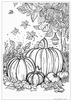 a black and white drawing of pumpkins in the grass with autumn leaves around them