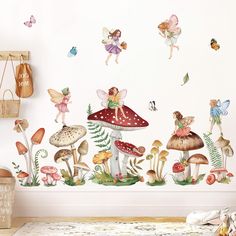 children's room with fairy wall decals and mushrooms