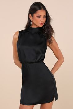 Classic Elegance Black Satin Sleeveless Mock Neck Mini Dress Black Cocktail Dress Classy, Fabric Detailing, Black Satin Mini Dress, Cocktail Dress Classy, Gathered Fabric, Casual Formal Dresses, Sleeveless Mock Neck, Mock Neck Mini Dress, Rush Dresses