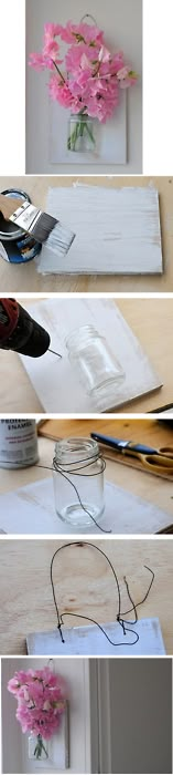 four different shots of flowers in a mason jar with scissors and paper on the table