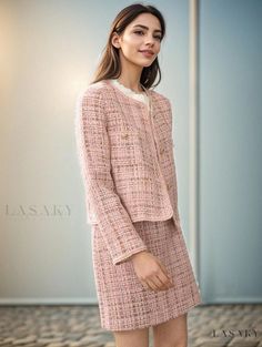 Lasaky - Rose Pink Woven Short Jacket and Skirt Set Embroidered with Floral Design Stylish Denim Skirt, Jacket And Skirt Set, Jacquard Midi Skirt, Pink Pleated Skirt, Lace Weave, Bodycon Midi Skirt, Denim Pencil Skirt, Embellished Denim, Half Skirt