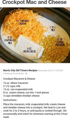 an image of food in the crock pot with instructions to make macaroni and cheese