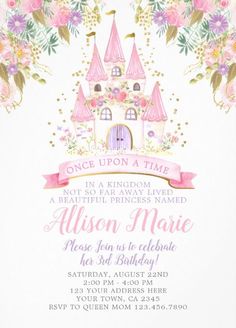 a princess birthday party with a castle and flowers on the front, pink ribbon around the edges