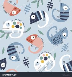 seamless pattern with monsters and plants on blue background