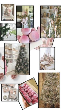 a collage of pink and white pictures with christmas trees, presents, ornaments, and other items