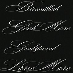 three different types of calligraphy written in white ink on black paper with the words,