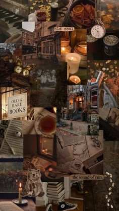 a collage of photos with books, candles and other things in them that are all over the place