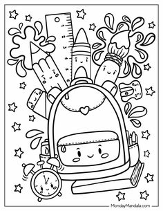 the back to school coloring page is filled with doodles, stars and pencils