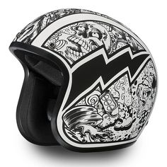 the helmet is decorated with many designs on it's face and features an image of skulls