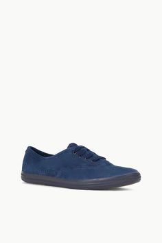 STAUD + KEDS CHAMPION SUEDE NAVY Navy Suede Round Toe Sneakers, Navy Suede Sneakers With Round Toe, Sporty Navy Suede Sneakers, Classic Navy Lace-up Sneakers, Classic Navy Sneakers With Textured Sole, Navy Lace-up Sneakers With Gum Sole, Champion Sneakers, Tonal Embroidery, Keds Champion