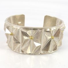 Tufa Cast Sterling Silver "Pyramid" Cuff Bracelet with 14k Gold Applique Dots. 1.125" Cuff Width5.625" Inside Measurement, plus 1" opening(6.625" Total Circumference - Medium) Tufa Casting, Gold Applique, Pyramid, Cuff Bracelet, Cuff Bracelets, Decorative Bowls, 18k Gold, Dots, Cuff