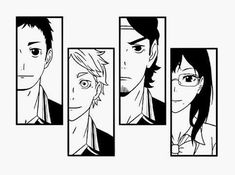 four anime avatars with different expressions and haircuts, one in black and white