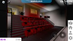 a virtual view of a room with red chairs and stairs in the center, on an iphone screen