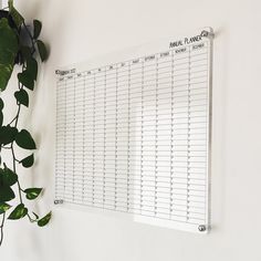 a white board hanging on the wall next to a potted plant with green leaves