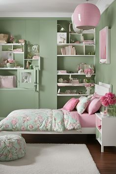 a bedroom with green walls and pink bedding, white rugs and shelving