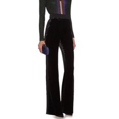 Brand New With Tags Sonia Rykiel Black Velvet Tuxedo Trousers. High Rise And Wide Leg. Size 38fr. Sold Out On Matchesfashion.Com Luxury Fitted Bottoms For Evening, Sleek Black Bottoms For Cocktail, Sleek Black Cocktail Bottoms, Designer Black Formal Pants, Designer Wide Leg Pants For Formal Occasions, Elegant Fitted Pants For Cocktail, Luxury Full Length Evening Pants, Luxury Full-length Evening Pants, Elegant Fitted Cocktail Pants