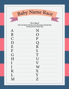 the baby name race game is shown in pink and blue stripes