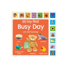 an orange book with pictures of teddy bears and toys