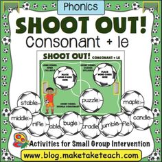 a poster with soccer balls on it that says shoot out, consonant and le