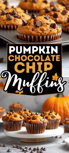 pumpkin chocolate chip muffins with text overlay