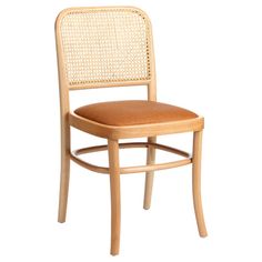 a wooden chair with wicker backrest and seat cushion on the bottom, against a white background