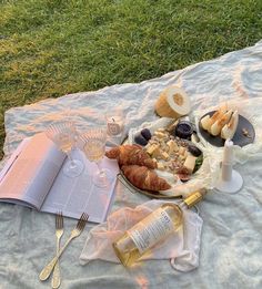 an open book is sitting on a blanket with food and wine in front of it