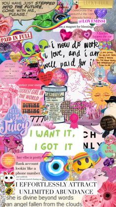 a collage with different types of stickers and words on it's side