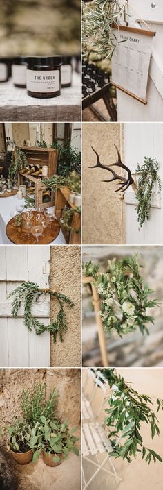 four different shots of wedding details and greenery in vases on the table, with antlers hanging from them