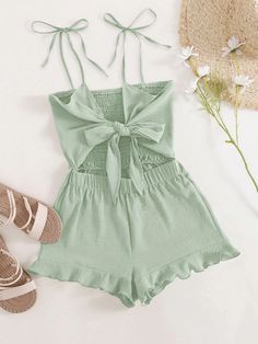 Mint Green Boho Collar Sleeveless Woven Fabric Plain Cami Embellished Slight Stretch Summer Women Clothing Green Outfits Summer, Mint Green Outfits, European Travel Outfit, Cute Outfits With Shorts, Spaghetti Strap Jumpsuit, Summer Jumpsuit, Shein Outfits