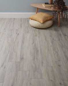 a living room with grey wood flooring and white walls