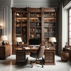 a desk with a computer on top of it in front of a bookcase filled with books