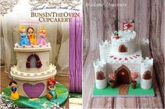 there is a cake made to look like a castle with princesses on it and the words bushinthrowen cupcake