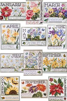 cross stitch samples for the month of march, with flowers and butterflies on them