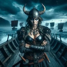 a woman dressed in viking garb standing on a boat with two horned heads and horns