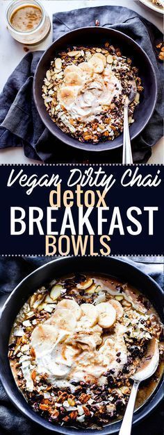 two bowls filled with breakfast food and the words vegan dirty club glux breakfast bowls