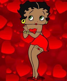 a woman in a red dress with hearts around her