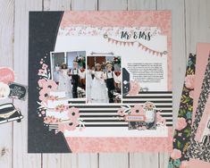 a scrapbook page with wedding photos and flowers on it, including the words mr & mrs