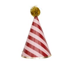 a red and white striped party hat with a gold pompom