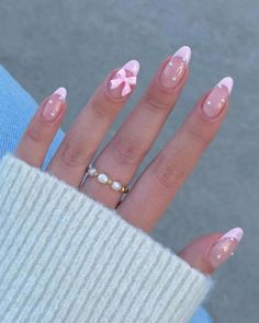 24 PCS Almond Press On Nail Pink French Edge Fake Nails 3D Bow Accessories And Pearl Acrylic Tip Press On Nails Design Gift For Women And Girls @sheinofficial Nail Pink French, Almond Nails With Gold, Red Almond Nails, Press On Nails Design, Cute Almond Nails, Red Almond, Bow Nail Designs, Nail Pink