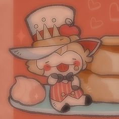 a drawing of a cat wearing a hat and bow tie sitting next to some bread